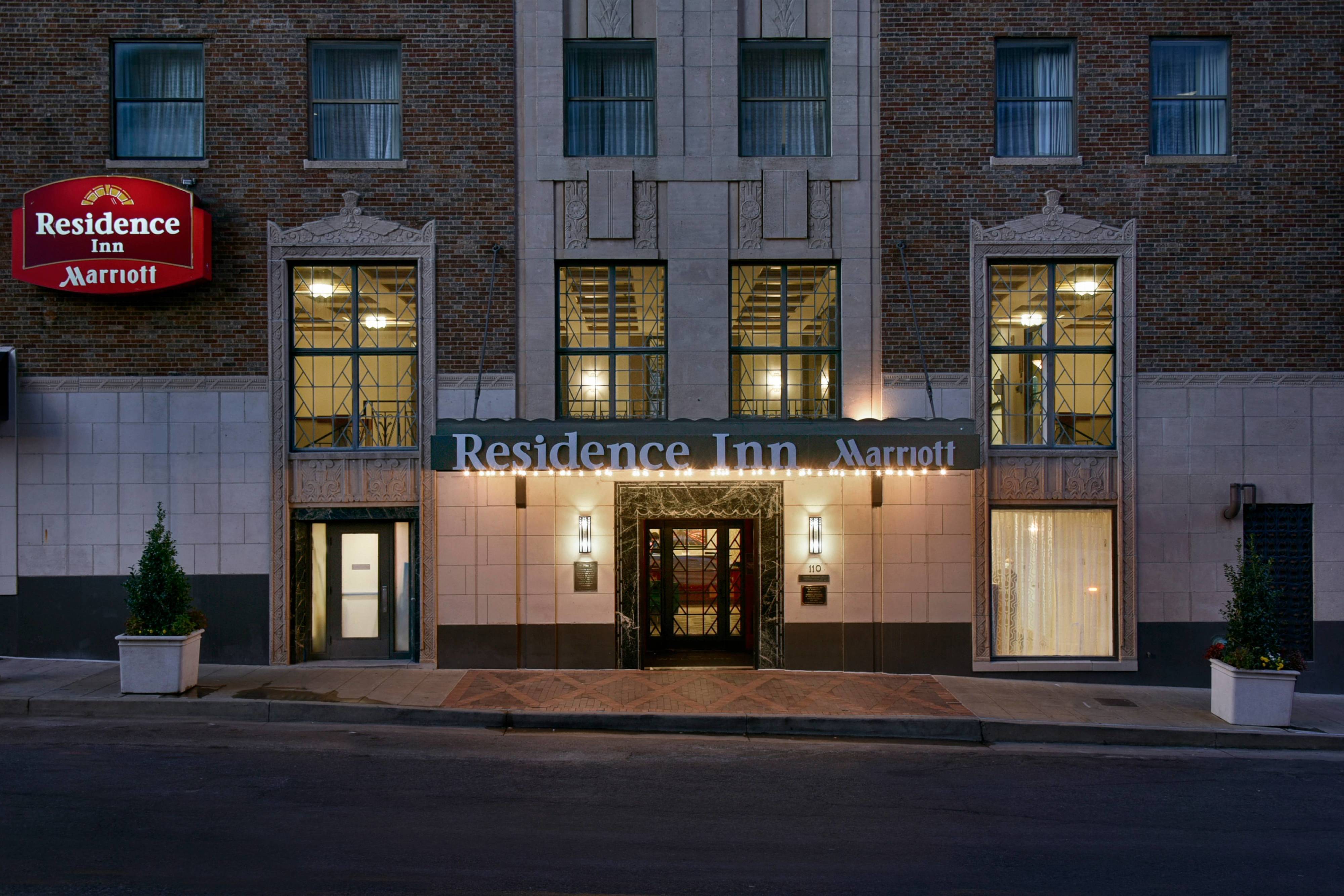 exterior of residence inn entrance at night