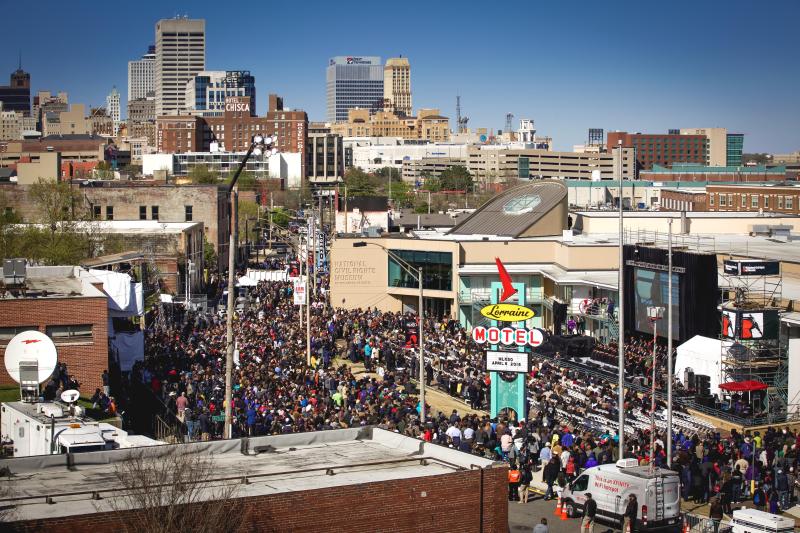 A crowd outside the National Civil Rights Museum for King Day.