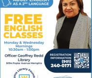 Latina Woman With A black and white striped blazer smiling into the camera, Hopeworks, Adult Enligsh as a 2nd Language, Free English Classes written on the poster