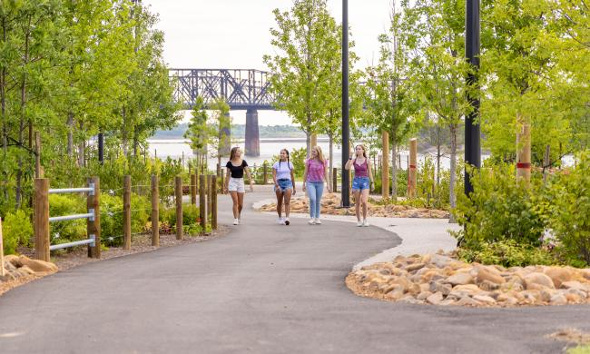 Group walking the pathways at Tom Lee Park