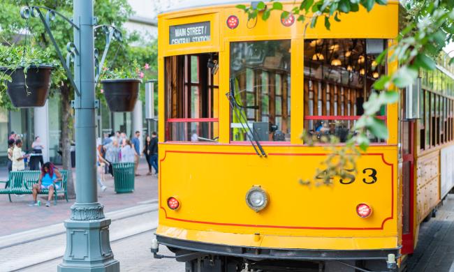 exterior front of yellow trolley