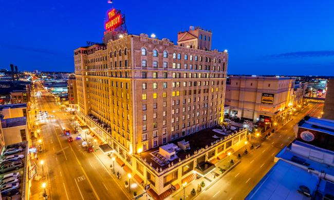 Exterior of The Peabody Memphis at dusk.