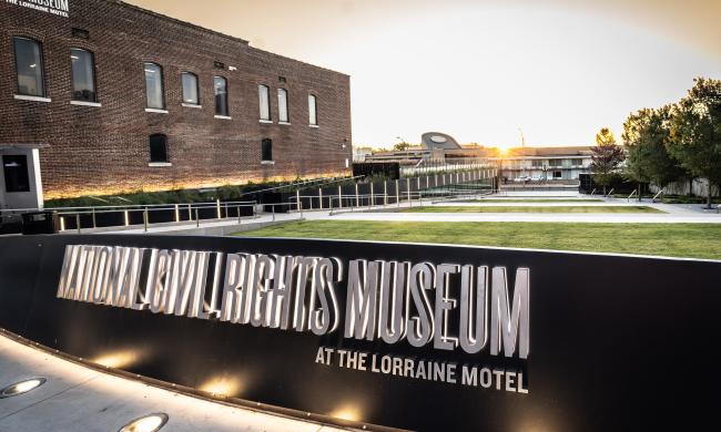 Newly renovated Founders Park showing the National Civil Rights Museum sign.