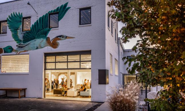 Entrance to Ugly Art Co gallery with bird mural on building.
