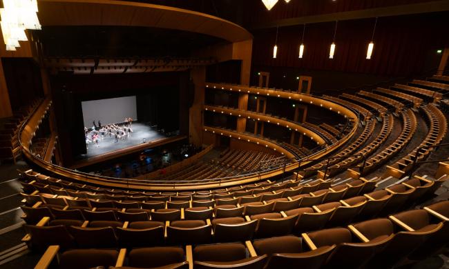 Interior balcony-level shot from inside the Cannon Center for Performing Arts.