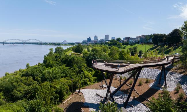 Memphis Flyway, a 220-foot elevated walkway over wetlands and tree canopies at Tom Lee Park