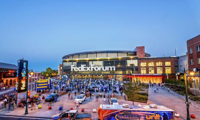 The FedEx Forum glows at dusk.