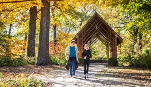 a couple walks through Memphis Botanic Garden during the fall foliage